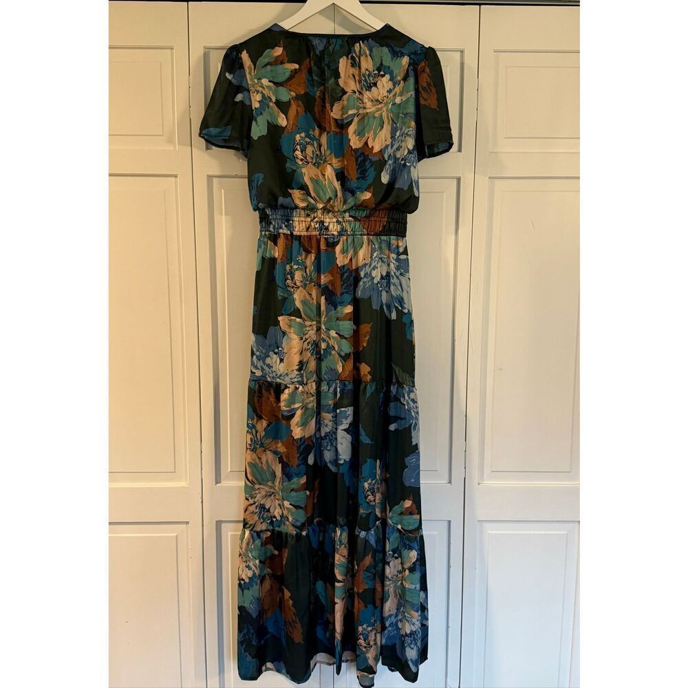 Nicole Mille floral satin look smocked waist ruffle sleeve maxi dress small - Picture 7 of 13